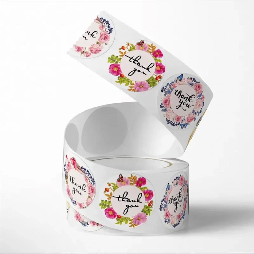 Roll of 500 Floral Wreath Thank You Stickers Garden Flowers Shipping Supplies